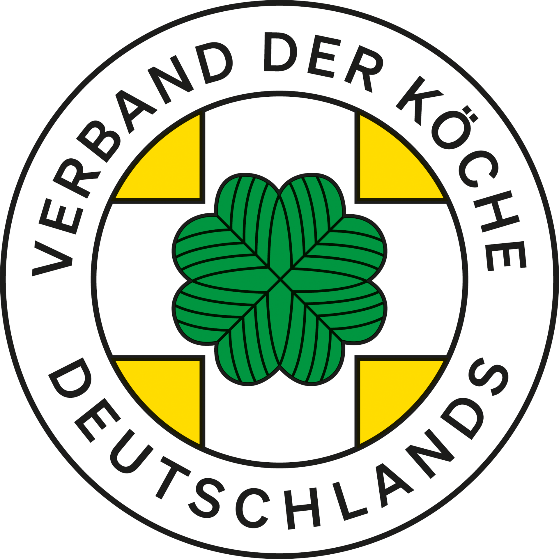 Logo: Kreis mit Innnekreis. In der MItte ein grünes Kleeblatt auf einem weißen Kreuz. Im Außenkreis steht ,,Verband der Köche Deutschlands''