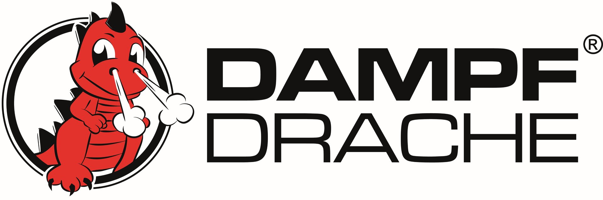Roter schnaubender Drache. Daneben der Firmenname: Dampfdrache