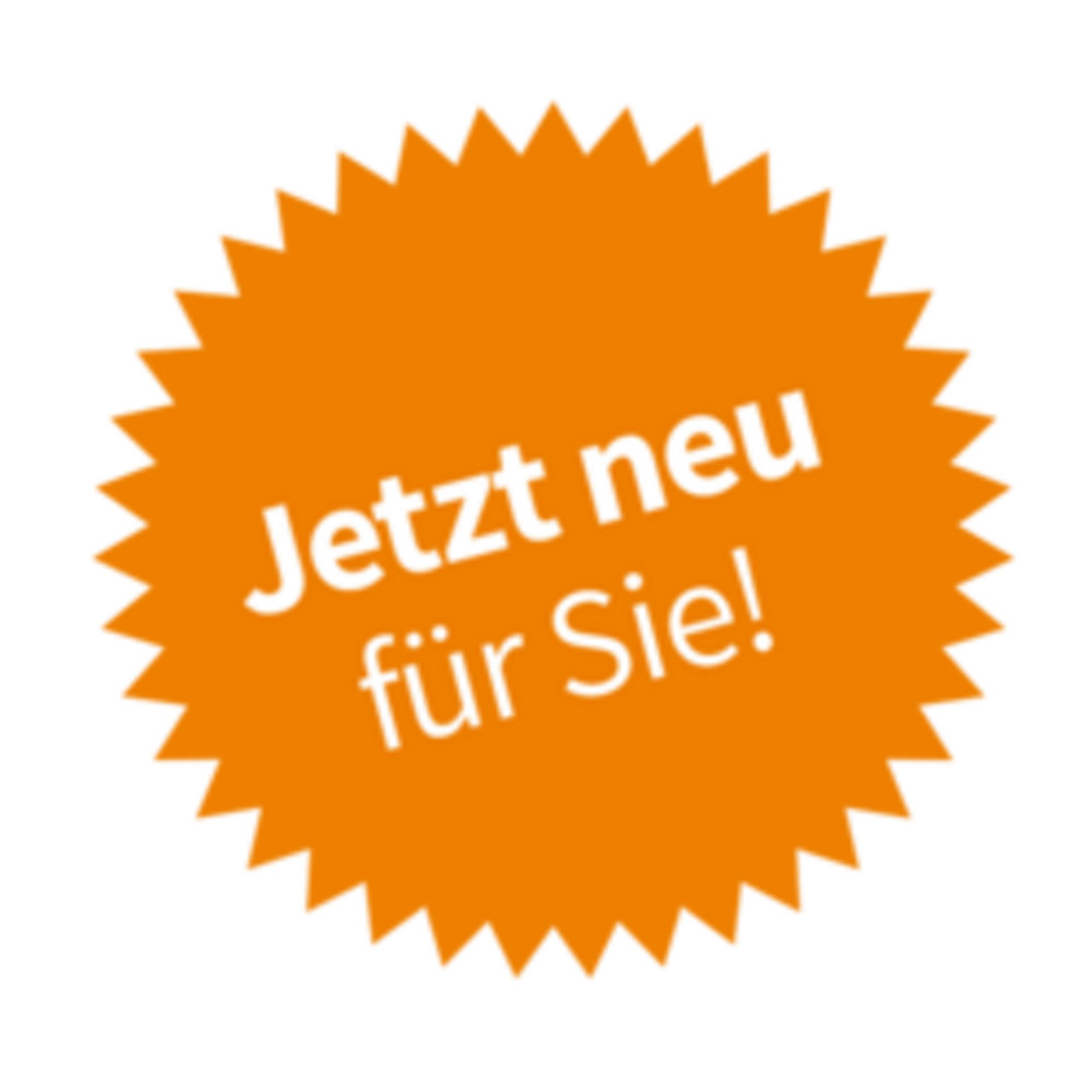 Oranger Sonnen-Button mit Text: ,,Jetzt neu für Sie''
