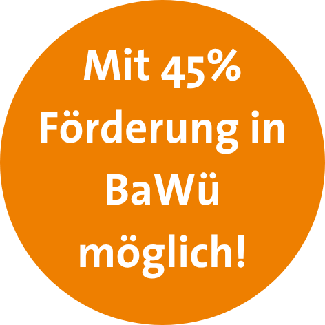 Orange Sonne. Weißer Text-Inhalt: ,,Mit 45% Förderung in BaWü zuständig''