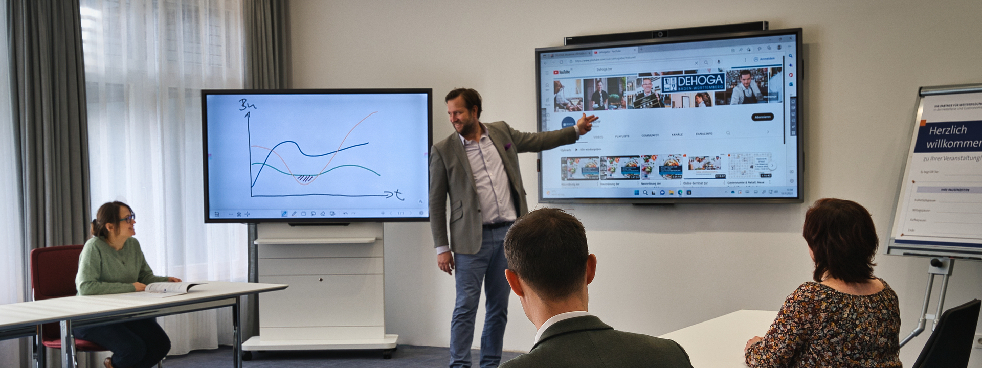 In einem Seminarraum steht ein Mann mit Brille an einem Whiteboard und zeigt sitzenden Teilnehmern etwas. Neben ihm noch ein großer Screen mit einem Diagramm. 
