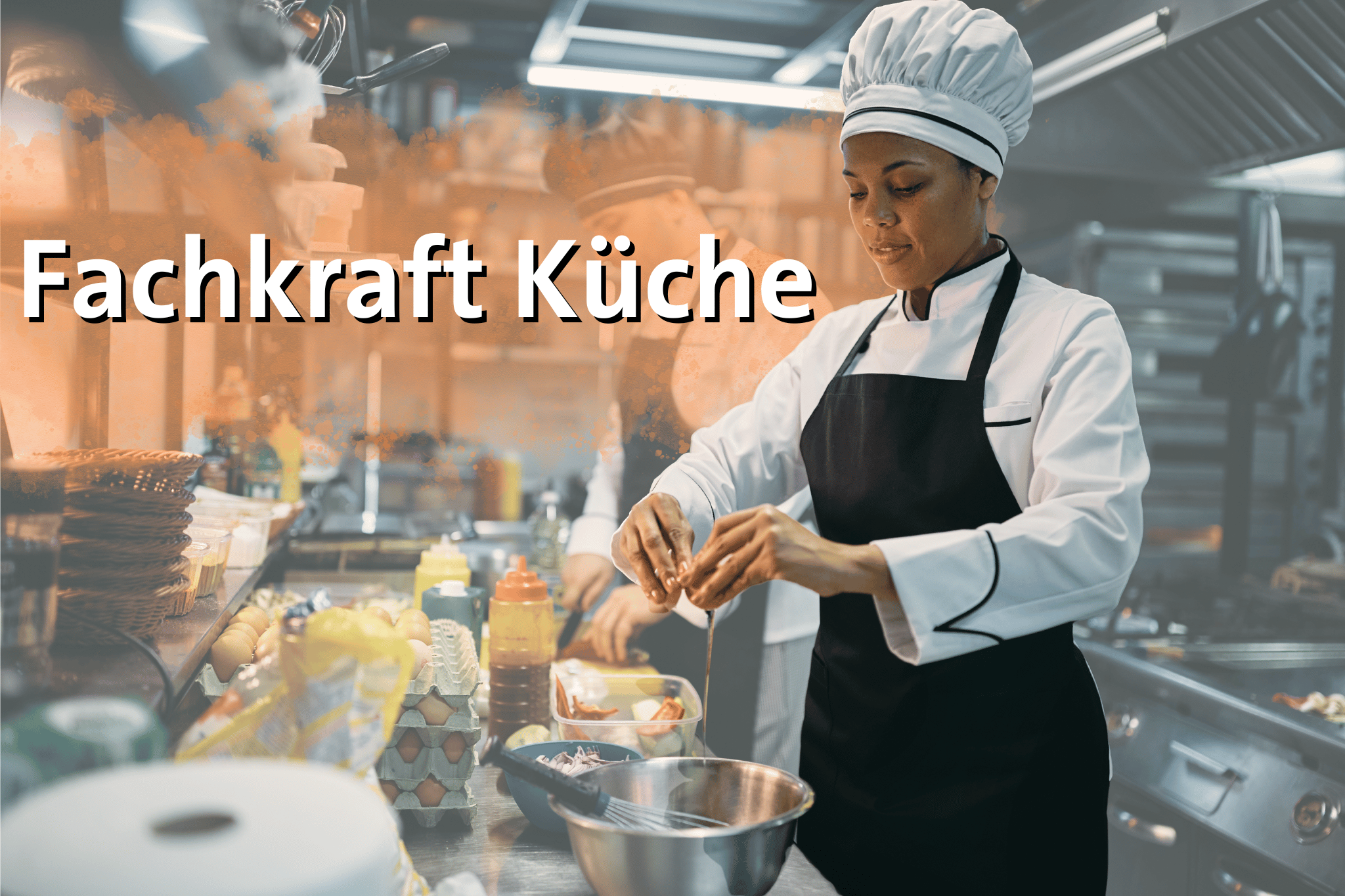Eine junge Köchin im Vordergrund arbeitet in der Küche. Sie schlägt gerade ein Ei in eine Schüssel. Im Hintergrund ist ein weiterer junger Koch in voller Montur zu sehen